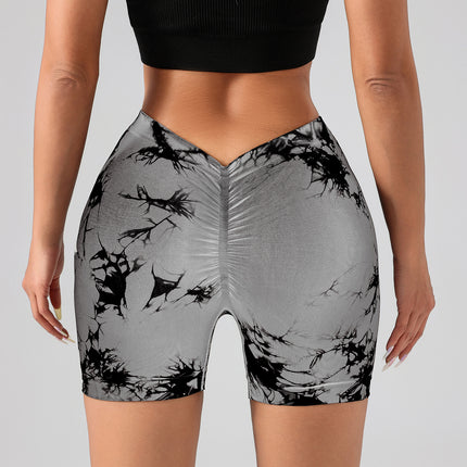 2 Pack Women's Tie Dye High Waist V-Back Scrunch Yoga Shorts, Peach Lift Seamless Sport Athletic Shorts With Stretch Fabric, Fitness Workout Bottoms