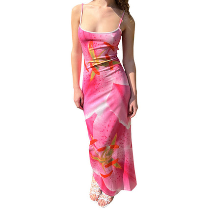 Women's Flower Print Sleeveless Split Slim Fit Dress