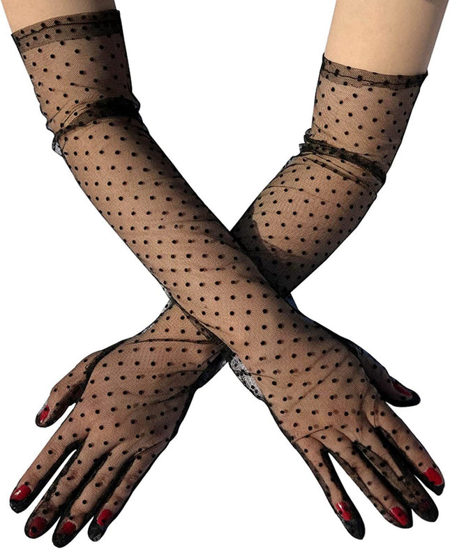 Ladies' Mesh Sleeve Cover Black Flying Polka Dot Tulle Gloves