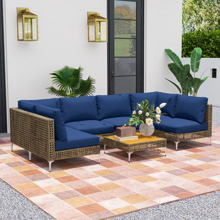 7-stuk Rattan Patio Meubelstel, Modulêre Buitelug-seksiebank met Verdikte Kussings, Akasiahouttafel, Bruin/Blou