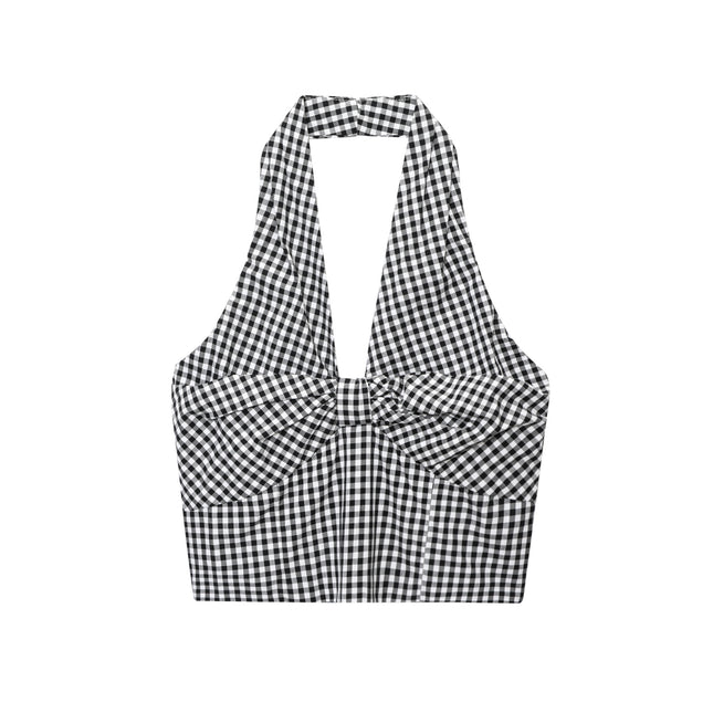 Design Halter Off-the-shoulder Smocking Plaid Camisole