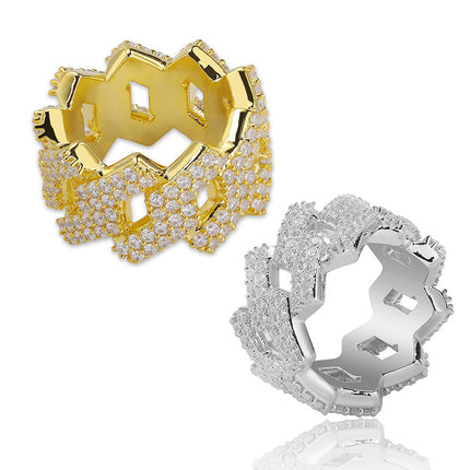 Hip Hop Ring 14mm Ruite Kubaanse Ring, Regte Goud Plaat, Dubbelry Sirkoon Ring