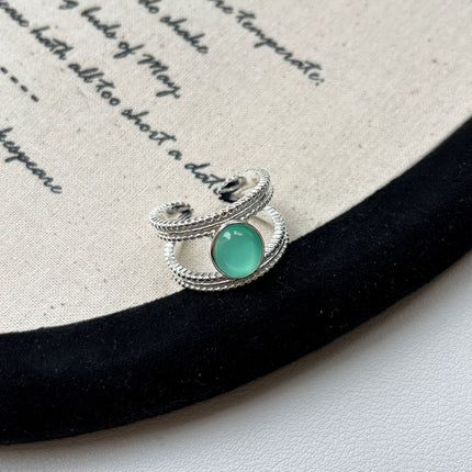 S925 Sterling Silver Retro Green Double-Strand Ring For Women Open-End Adjustable