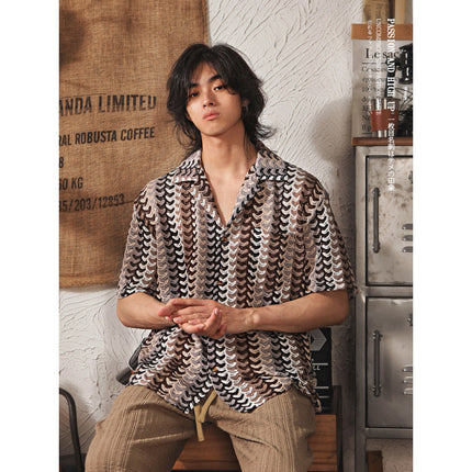 Japanese Style Cuban Collar National Style Hollow Jacquard Color Matching Short Sleeve