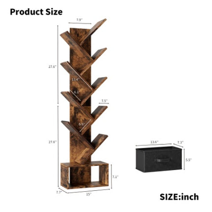 9 Tier Tree Bookshelf With Drawer Bookcase, Modern Book Storage, Free Standing Tree Bookcase, Utility Organizer Shelves For Home Office, Living Room, Bedroom, Rustic Brown