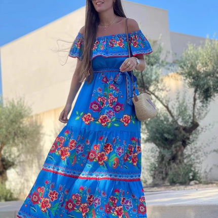 Women's Fashion Off-shoulder Red Flower Print Dress
