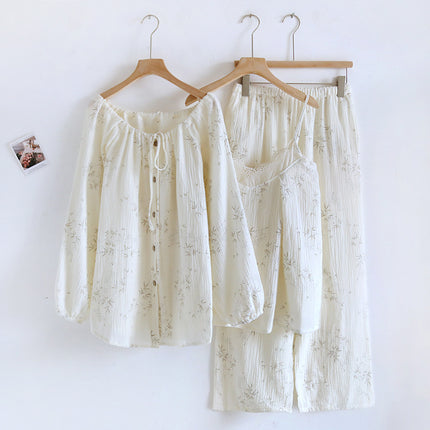 Cotton Crepe Three-piece Pajamas Women's Long-sleeved Cardigan Strap Lace