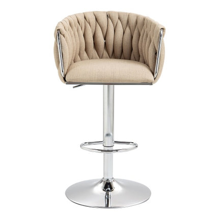 360-grade Draaibare Kroegstoele Met Stofbekleedsel, Stel Van 2, Verstelbare Kroegstoele Met Gevlegde Rugleuning En Voetstut, Silwer Verchroomde Kroegstoele Vir Kombuiseiland, Kafee, Kroeg