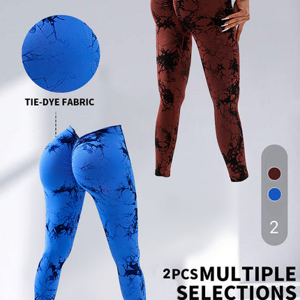 2 Pack Tie-Dye High Waist V-Back Yoga Leggings, Peach-Hip Enhancing Athleisure Tights, Sport Style Fitness Pants
