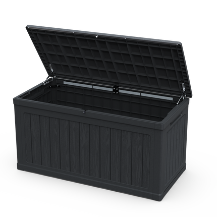 230 Gallon Groot Buitenberging XXL Dekkas Vir Patio Meubels, Buitekussings, TuinGereedskap En Sport-/Swembadtoerusting, Waterdigte Hars, Sluitbaar, Swart