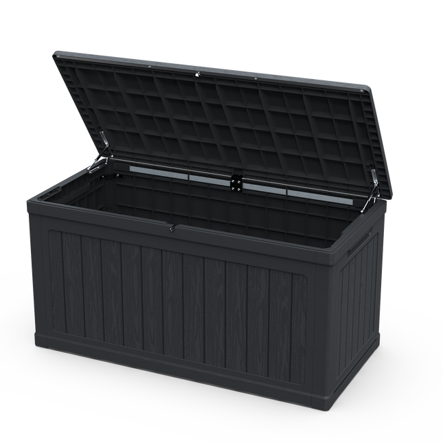 230 Gallon Groot Buitenberging XXL Dekkas Vir Patio Meubels, Buitekussings, TuinGereedskap En Sport-/Swembadtoerusting, Waterdigte Hars, Sluitbaar, Swart