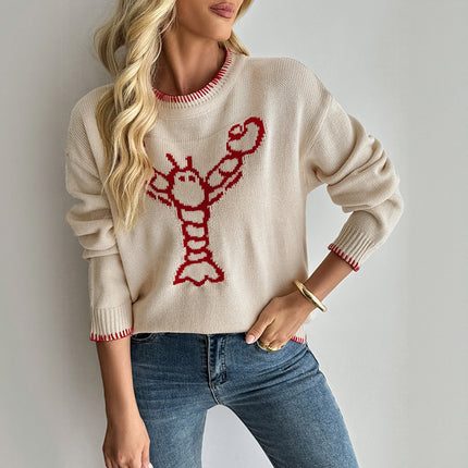 European And American Contrast Color Animal Pattern Crew Neck Pullover Sweater Female