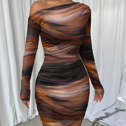 Pleated Slim Fit Long Sleeve Narrow Diagonal Collar Dress Women's Clothing