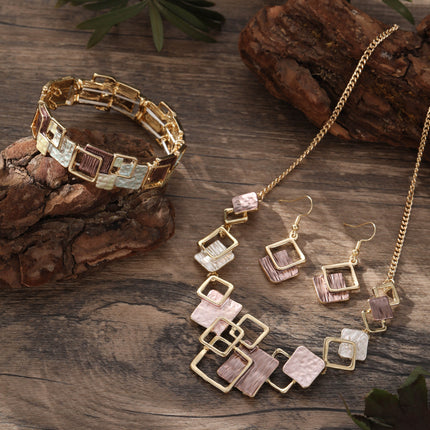 Color Painting Oil Geometric Square Ear Studs Bracelet And Necklace Set