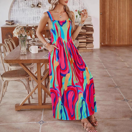 Printed Pattern Sling Pocket Stitching Dress