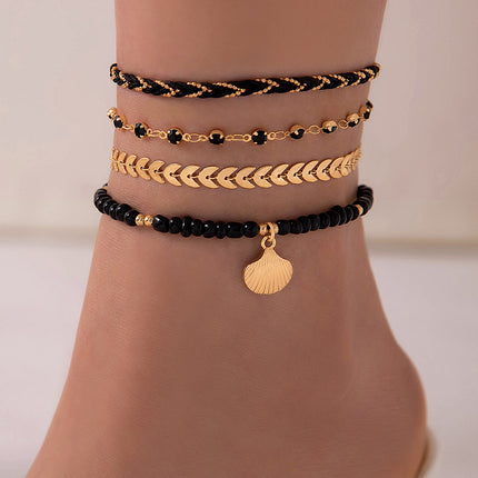 4 stuks Stel Boheemse Geweefde Tou Voetketting Vir Mans En Vroue Geometriese Legering Swart Krale Druppelolie Enkelband Stel Somer Modejuweliersware
