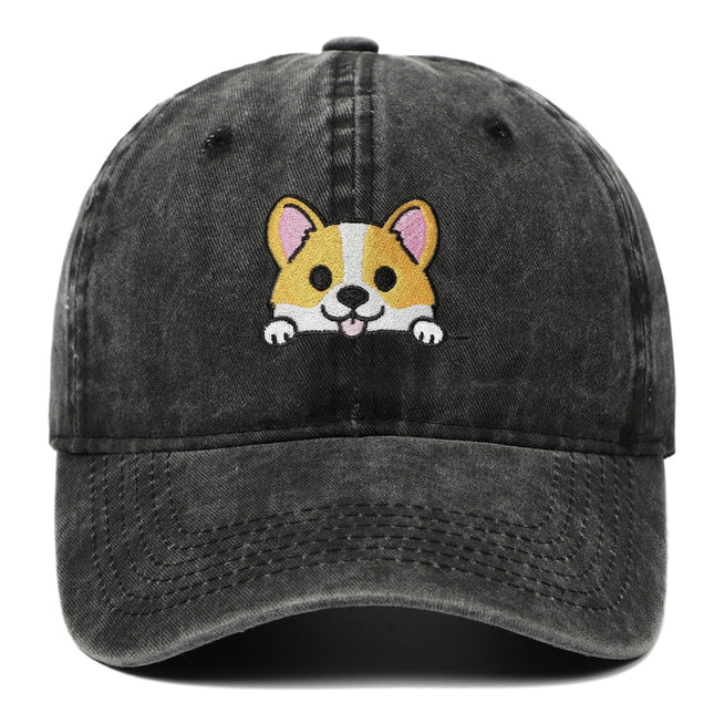 Corgi Embroidered Baseball Fashionable Washed Sports Cap