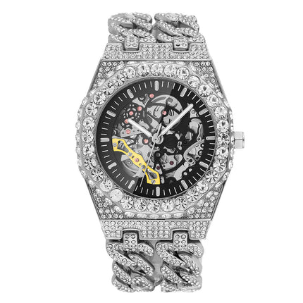 Full Diamond Hip Hop Cuban Link Chain Stitching Hollow Automatic Mechanical Watch