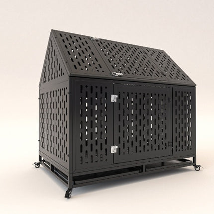 Heavy Duty Dog Crate 45 Inch Indestructible Pet Dog Cage Crate Kennel With Roof Top 2 Doors Removable Trays