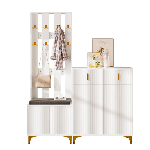 Wardrobe Set With Shoe Bench And Cushion, Wardrobe Front With Hooks, Shoe Cabinet With Drawers And Doors