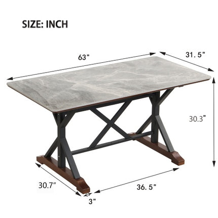 Sintered Stone Dining Table, 63 Modern Gray Rectangular Kitchen Dinner Table, Faux Marble Dining Room Table With X-shaped Metal Legs And Solid Wood Base, Scratch And Heat Resistant, Table Only