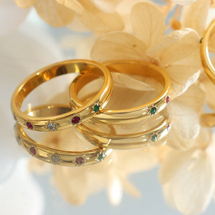 Titanium Steel Plain Band Ring With Zircon Inlays