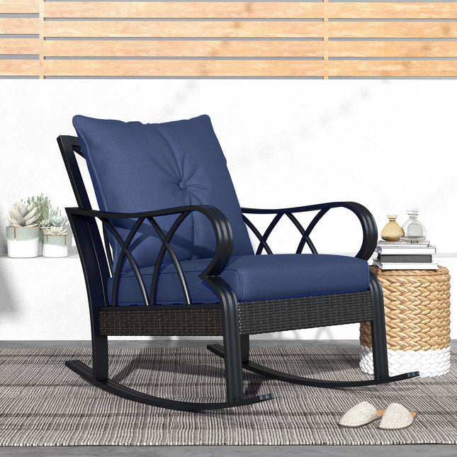 Buitenste Rattan Wipstoel met Gevoerde Kussings, Aluminium Meubels, Rattan Stoep Wipstoel met Armleuning, Vlootblou