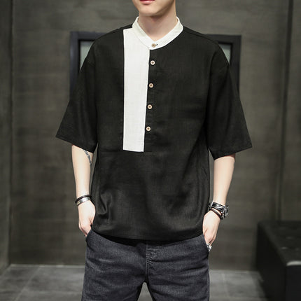 Cotton And Linen Casual Stitching Loose Half Sleeves