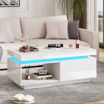 Hoëglans LED-koffietafel met laaistoorplek, Hout middeltafel met RGB LED-ligte Reghoekige teetafel vir sitkamermeubels, Wit koffietafel met oop uitstalrak