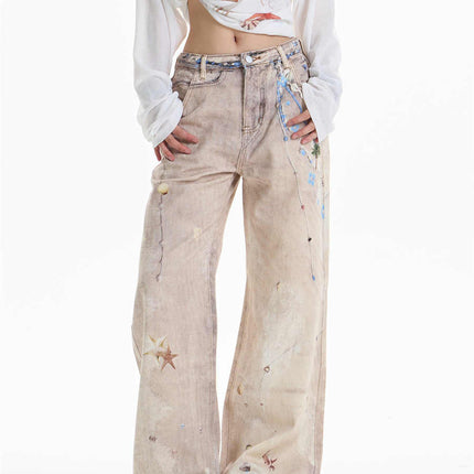 Retro Chain Print Worn Jeans Women's Straight Wide-leg Pants