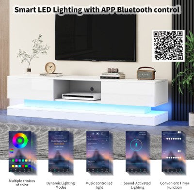 160 Cm TV-Stand Met 16 Kleur RGB LED Ligte, Hoogglans Voorkant TV-Kabinet Met 2 Laaie En 1 Oop Bergruimte, TV-Eenheid Vir 70-79 Duim TV Vir Sitkamer, Wit