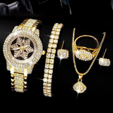 Sneeuvlokpatroon Horlosie Luukse Volle Rhinestone Juweliersware Vyfdelige Stel