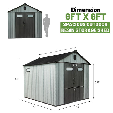 6x6 VT Buiteharsbergingstoets, Waterdigte Plastiektuinwerktuigskuur Met Sluitbare Deur, Vensters & Ventilasie, Buite Berging Werktuigskuur Vir Patio Meubels, Grassnyer, Fiets