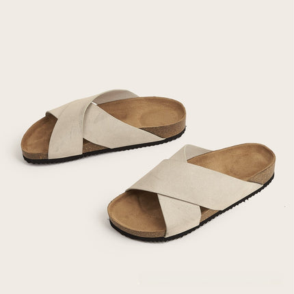 European And American Plus Size Khaki Round Toe Cross Roman Style Slip-on Flat Sandals