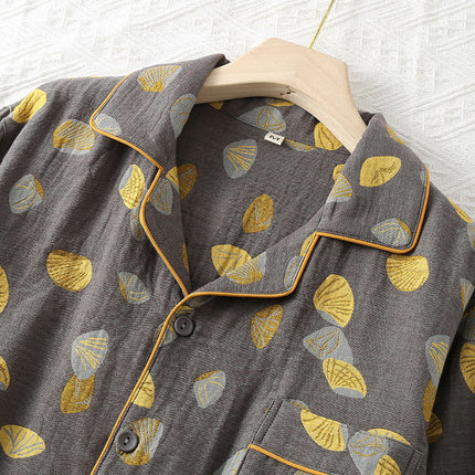 Pure Cotton Double-layer Sheer Men's Long Sleeved Jacquard Pajama Set