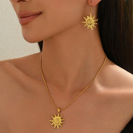 Lxalry 18K Gold Plated Sun Mirror Jewelry Set  Hypoallergenic Skin Safe Necklace   Drop Earrings For Daily Evening  Never Fade Adjustable Luxury Gift With Precision Cast Rays