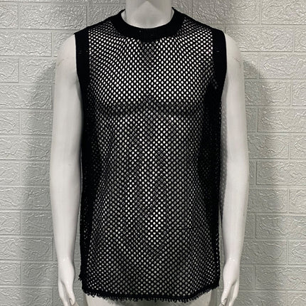 Solid Color Round Neck Sleeveless Hollow Knitted Vest