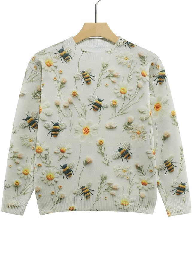 Women's Knitted Sweater Sweater Round Neck Printed Bee Flower Top