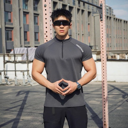 Short Sleeve Outdoor Sports Half Zipper Stand Collar T-shirt