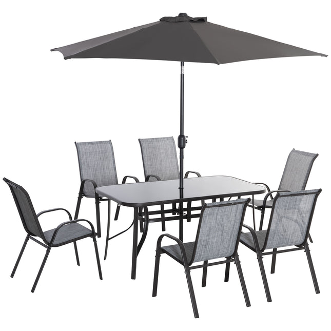 8 Stuks Stoepmeubelstel met 9vt Stoepsambreel, Buite-eettafel en Stoele, 6 Stoele, Drukknoppiesambreel met Slinger, Gehardglasblad, Grys