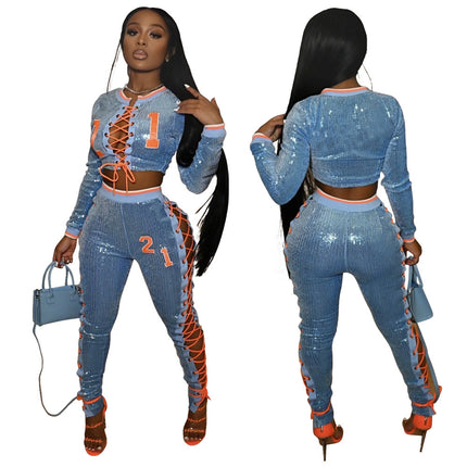 Lace-up Jacket With Pencil Pants Fashion Sequins Two-piece Set