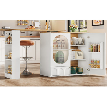 360° Draaiende Kroegtafel Liggaam 138 X 39 X 105 Cm, Koffiekroegmeubels, Draaiende Eettafel Met Bergspasie, Kookeiland, Twee Deure Met Rakke, Sytafel, Buffet, Wit