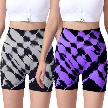 2 Pack Us Local Women's Side Cut-Out Tie-Dye Seamless Hip Lift High Waist Sports Fitness Yoga Shorts