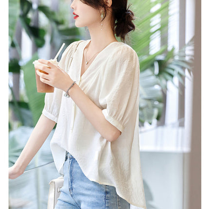 Retro French V-neck Short Sleeve Shirt
