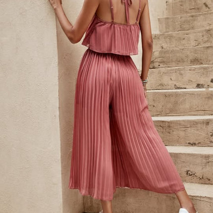 Women's Summer Solid Color Vacation Loose Suit Strap Backless Thin Romper Streetwear INS One-Piece Outfit Beach Style Striped Wide Leg Trousers Casual Suit