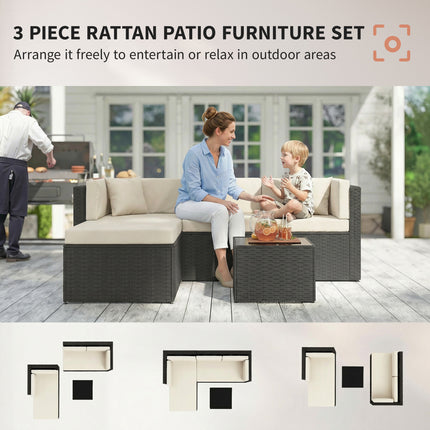 3 Stuk Patio Meubelstel, Rieten Buitelug Patio Gespreksmeubelstel met Kussings, Glasbladtafel, Beige