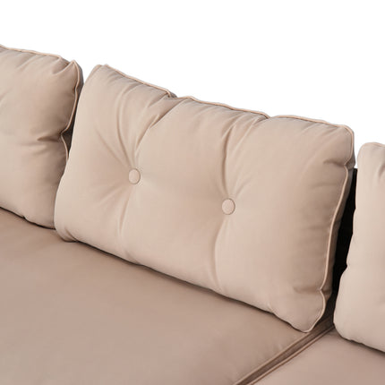 3-stuk Patio Meubelstel, Rattan Buite Bankstel met Lêbank & Liefdesbank, Sagte Kussings, Gehard Glas Tafel, L-vormige Seksionele Bank, Beige