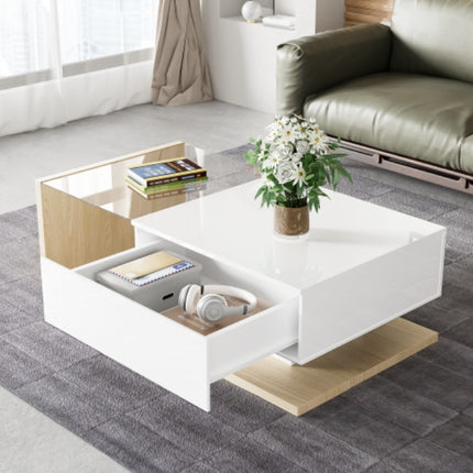 Koffietafel In Hoogglans Wit En Houtkleurkombinasie. Sytafels, Koffietafels Met Glas En LED