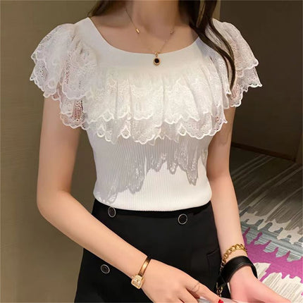Off-shoulder Top Slim Lace Stitching Ruffled Short Sleeves