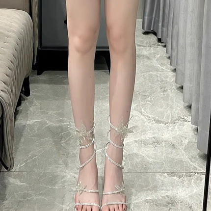 Bow Rhinestone High-heeled Sandals Women's Open Toe Roman High Heels